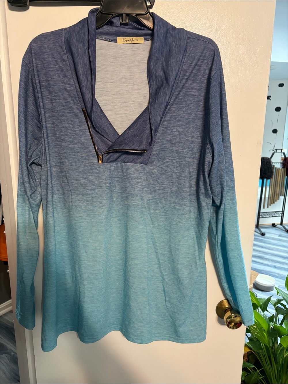 Blue Ombre Zip-Accent Long Sleeve Top